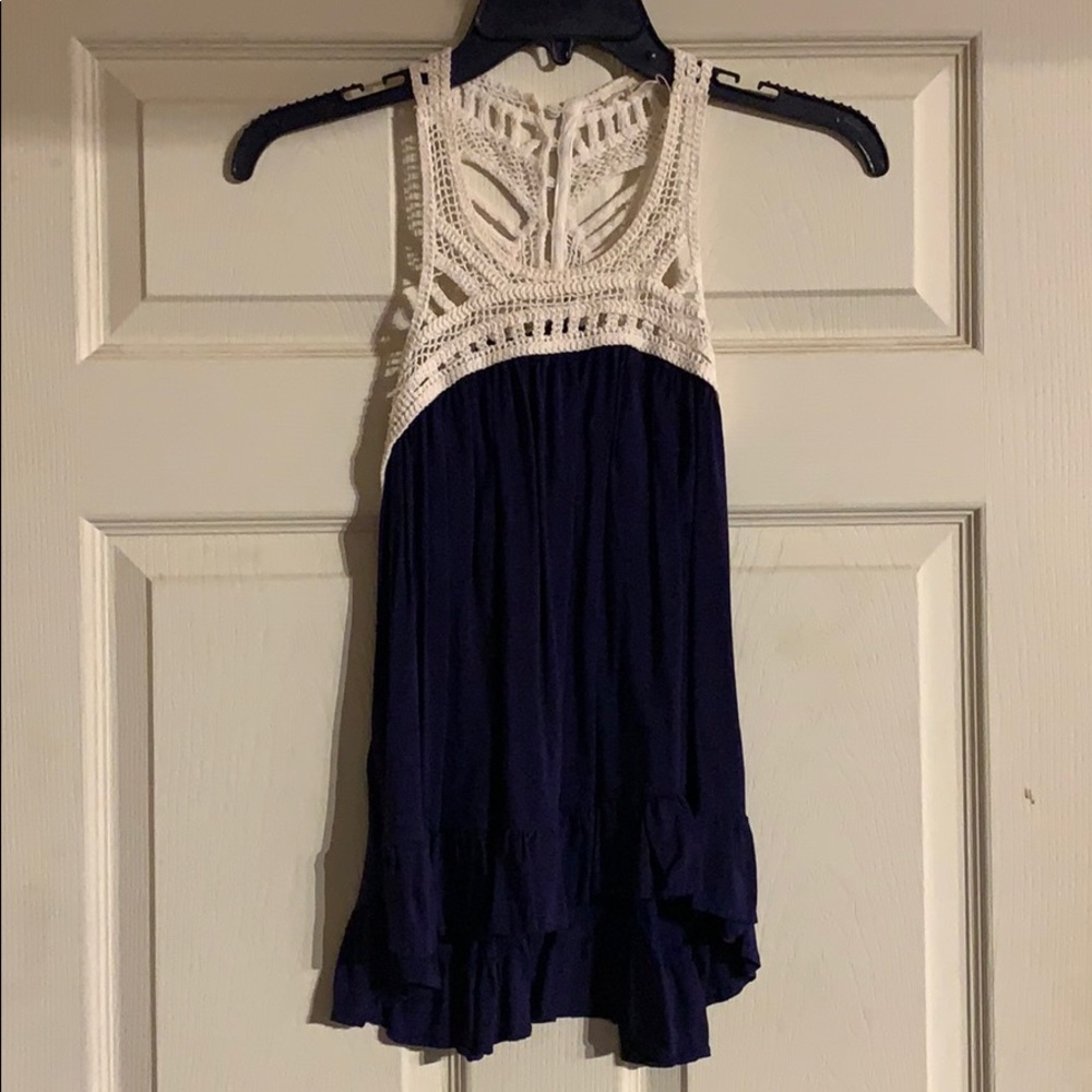 Navy blue and crocheted high low tank top